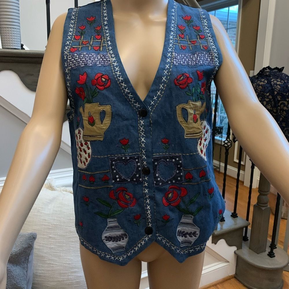 Vintage Agapo Appliqué Embroidered Denim Vest sz S NWT
